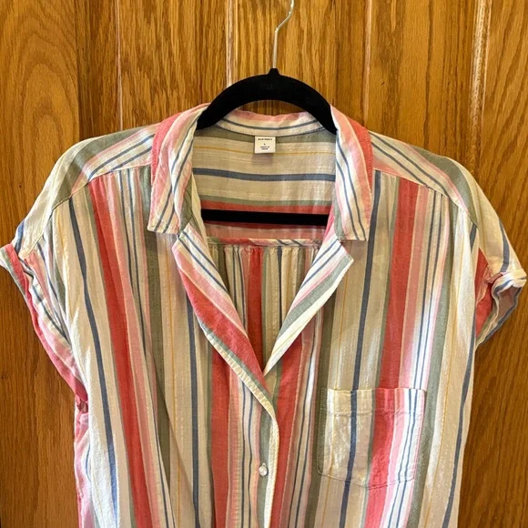 Old Navy Blue, White, Pink, Red, and Sage Striped Shirt - Tie-Front - Picture 3 of 11